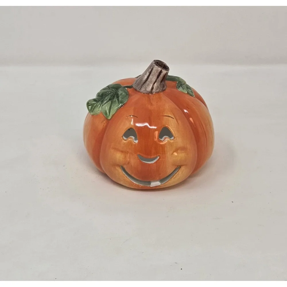 Ceramic Jack-O-Lantern Pumpkin Tea Light Candle Holder Halloween Decor 4.5